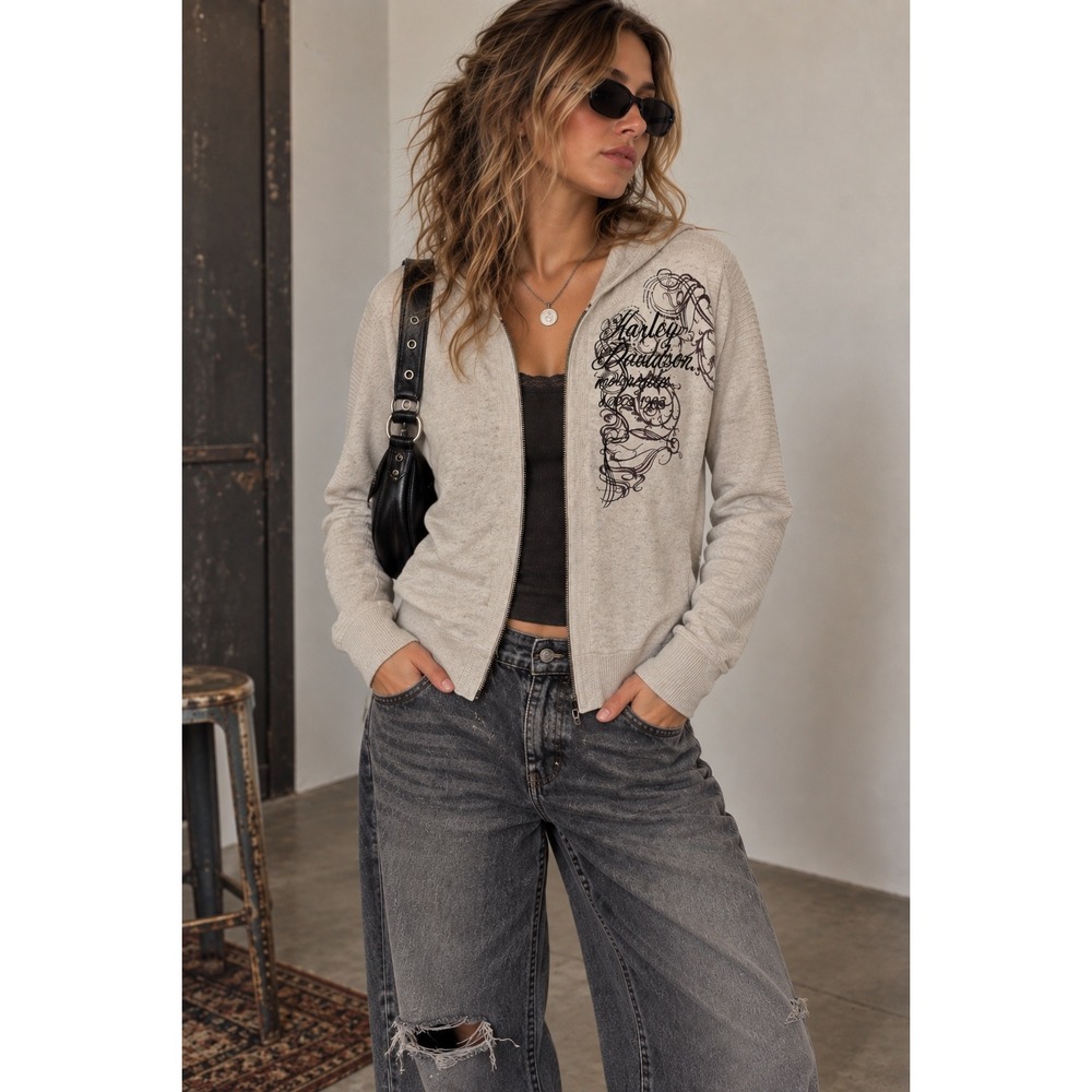 Harley Davidson Womens Oatmeal Knit Full Zip Hooded Sweater Graphic Large